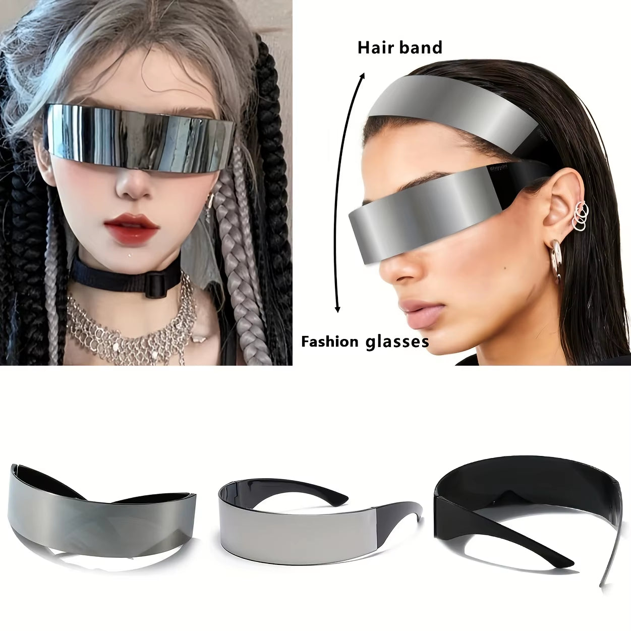 Y2K Rimless Sunglasses for Women Men Solid Color Futuristic Glasses Cyberpunk Wide Temple Eyewear UV400