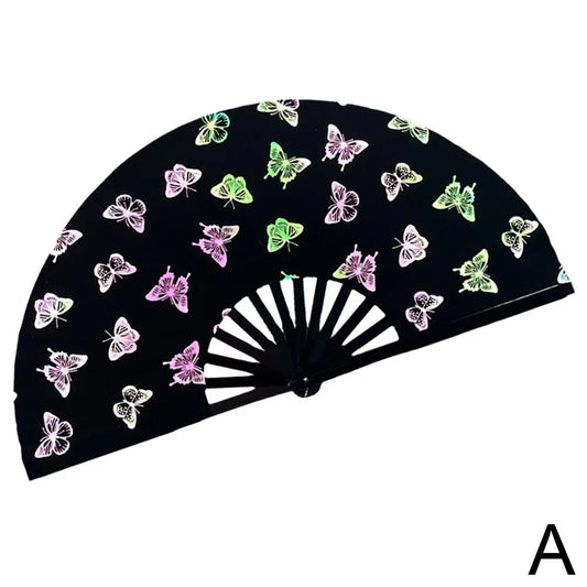 Large Rave Folding Hand Fan Reflective Festival Foldable Glow Rave Fan Clack Hand Fans Portable Bamboo Handheld Rave Fan Glitter