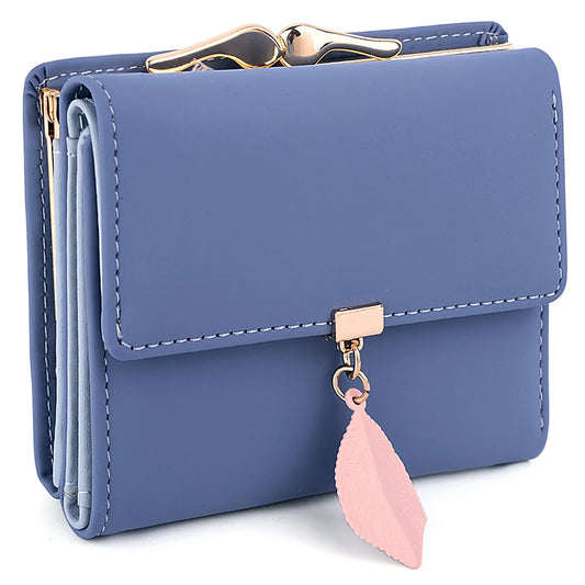 Small Wallet for Women PU Leather RFID Blocking Coin Purse Card Holder Trifold Ladies Purse Leaf Pendant(Blue)