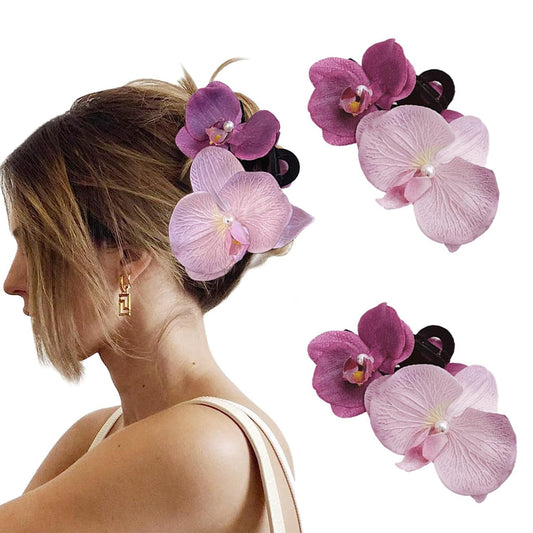 Hawaiian Flower Claw Clips 2Pcs Flower Hair Clips for Thick Hair Purple Orchid H