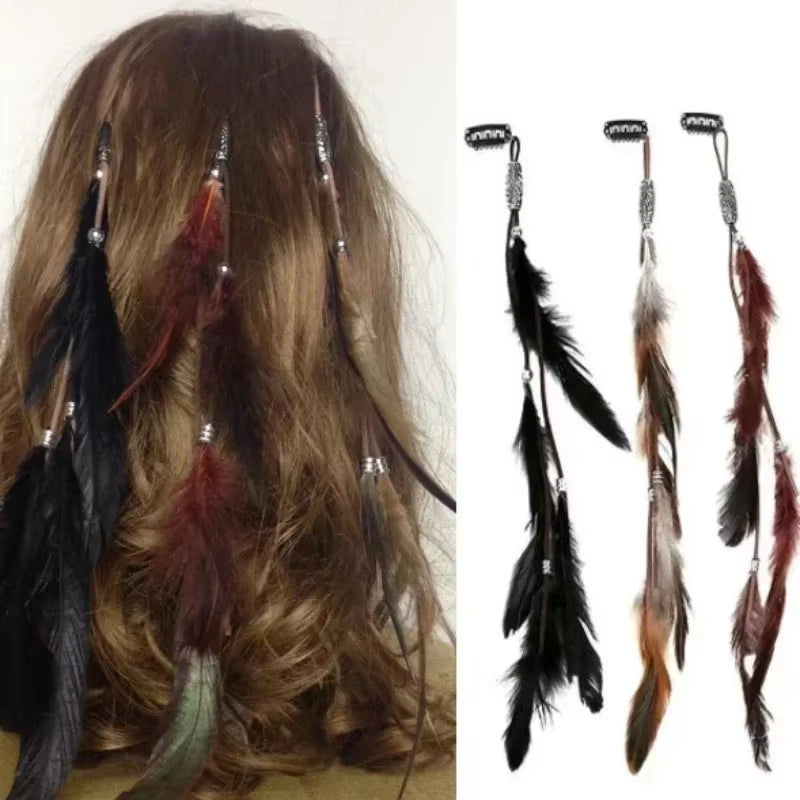 2024 New Fashionable Boho Feather Headband Wig Beaded Feather Headdress Handmade Hair Clip Girl Hair Accessories High Quality