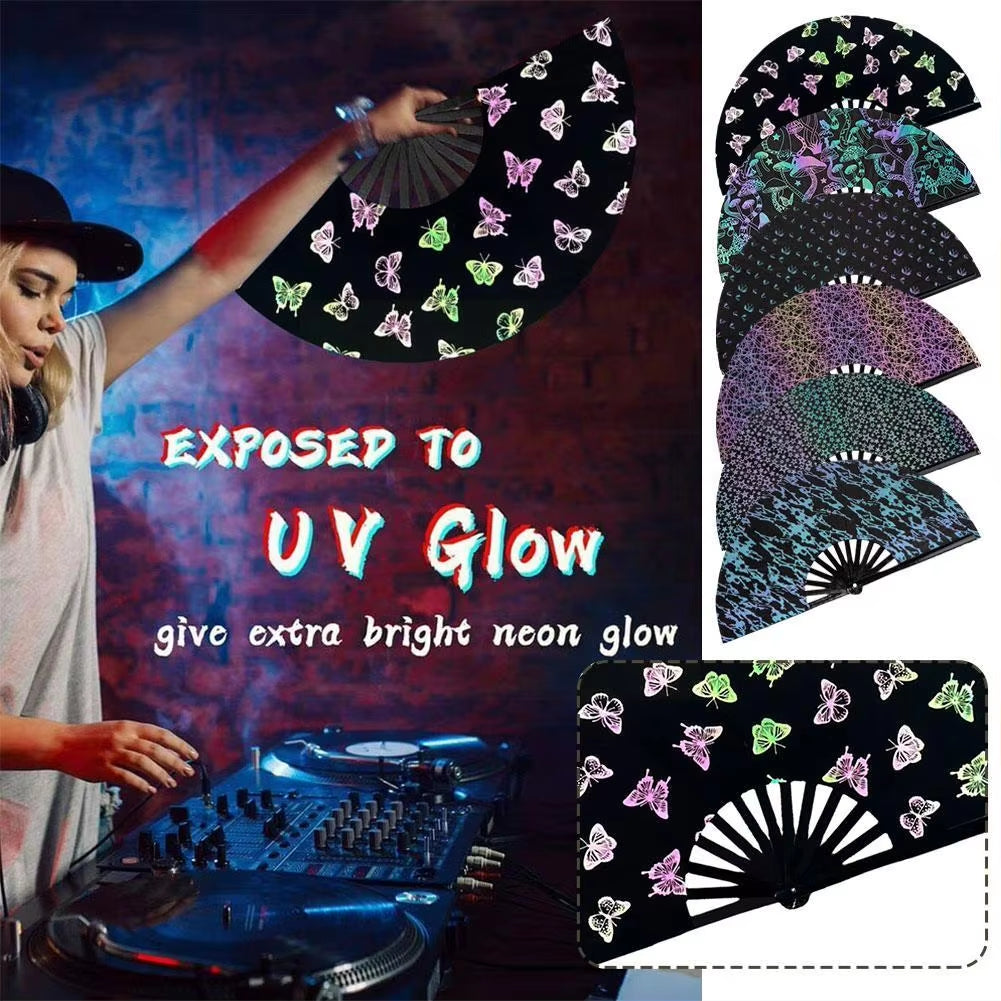 Large Rave Folding Hand Fan Reflective Festival Foldable Glow Rave Fan Clack Hand Fans Portable Bamboo Handheld Rave Fan Glitter