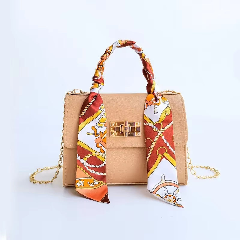 Women Girls Fashion Simplicity Solid Color Handbag Niche Design Silk Scarf Mini Chain Single Shoulder Crossbody Bag Bandolera