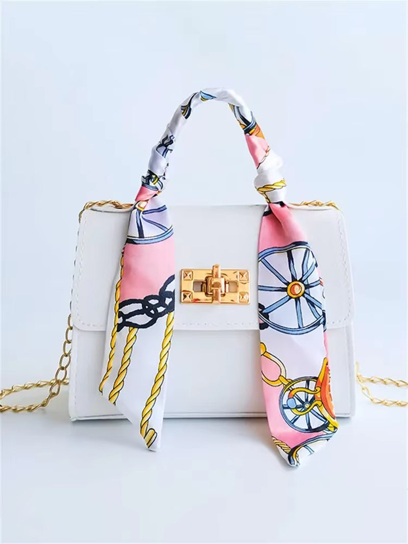 Women Girls Fashion Simplicity Solid Color Handbag Niche Design Silk Scarf Mini Chain Single Shoulder Crossbody Bag Bandolera