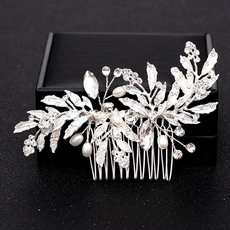 Silver Color Pearl Crystal Wedding Hair Combs Hair Accessories for Bridal Flower Headpiece Women Bride Hair Ornaments Jewelry