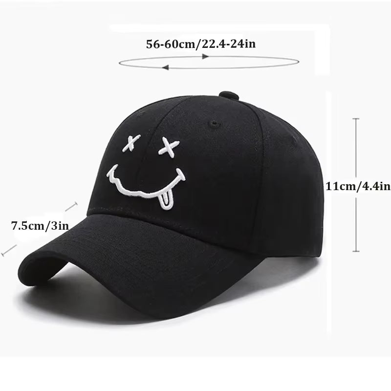 Women'S Smile Face Embroidery Baseball Caps Kpop Black Cotton Adjustable Snapback Funny Hip Hop Cap Autumn Sun Dad Hats for Mens