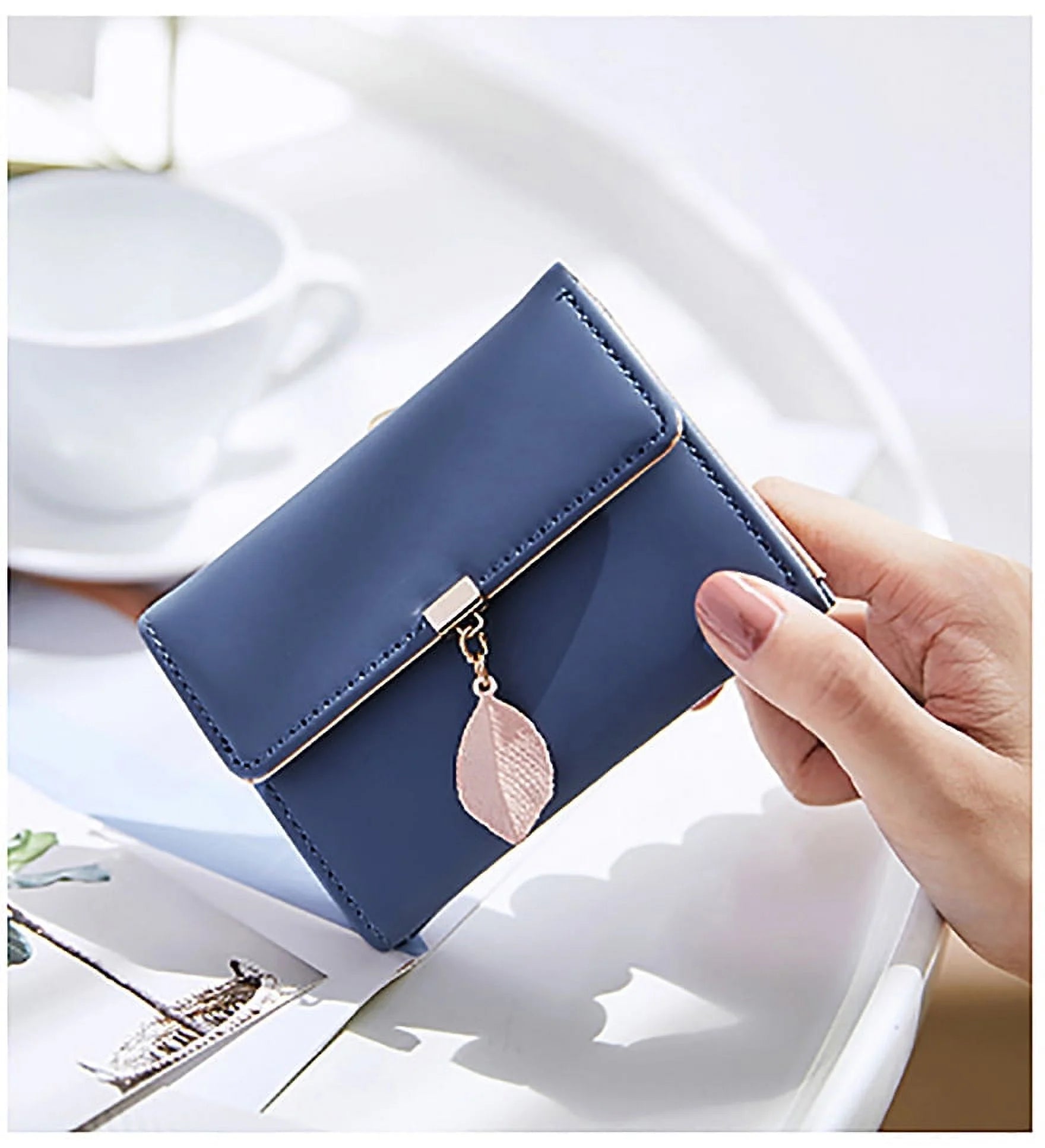 Small Wallet for Women PU Leather RFID Blocking Coin Purse Card Holder Trifold Ladies Purse Leaf Pendant(Blue)