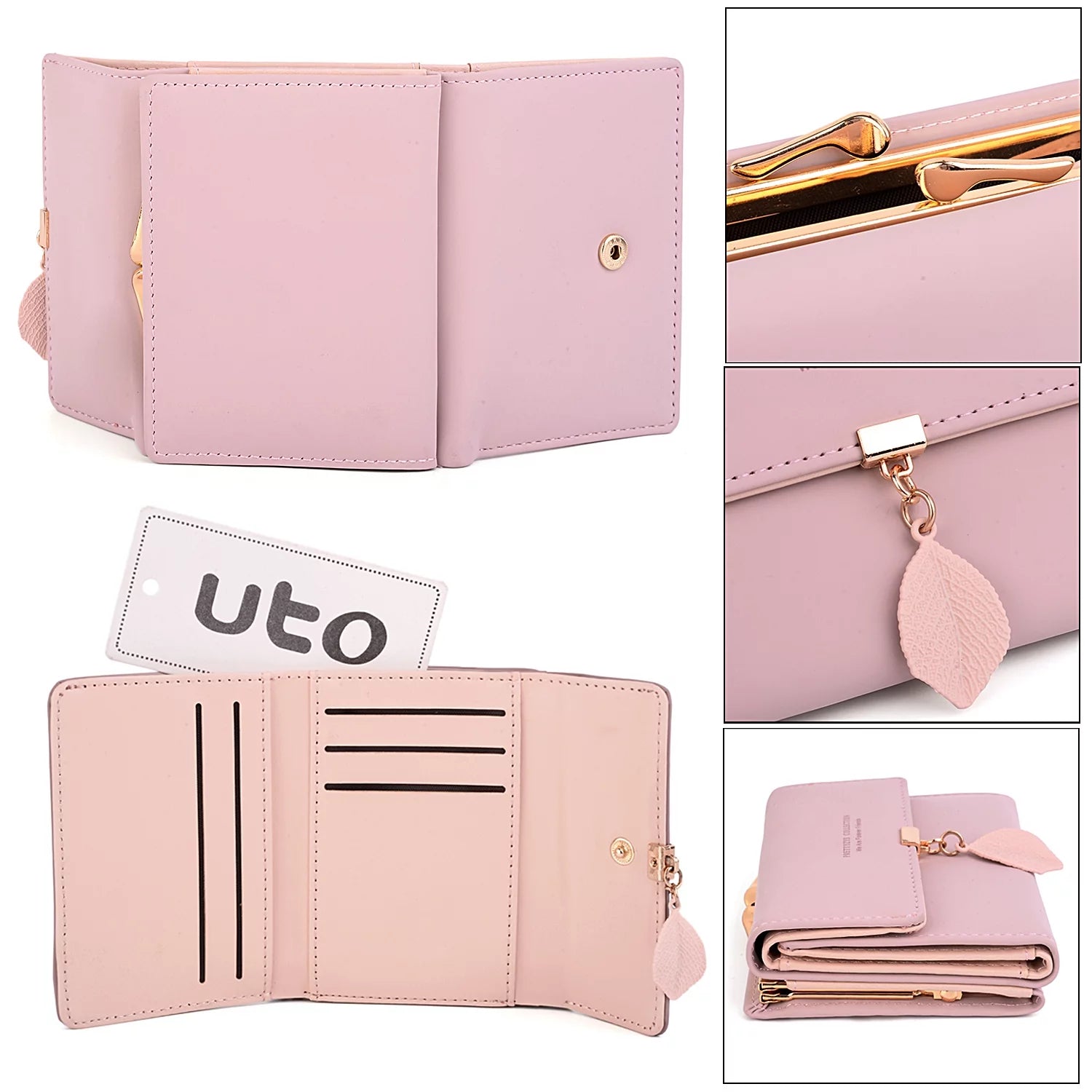 Small Wallet for Women PU Leather RFID Blocking Coin Purse Card Holder Trifold Ladies Purse Leaf Pendant(Pink)