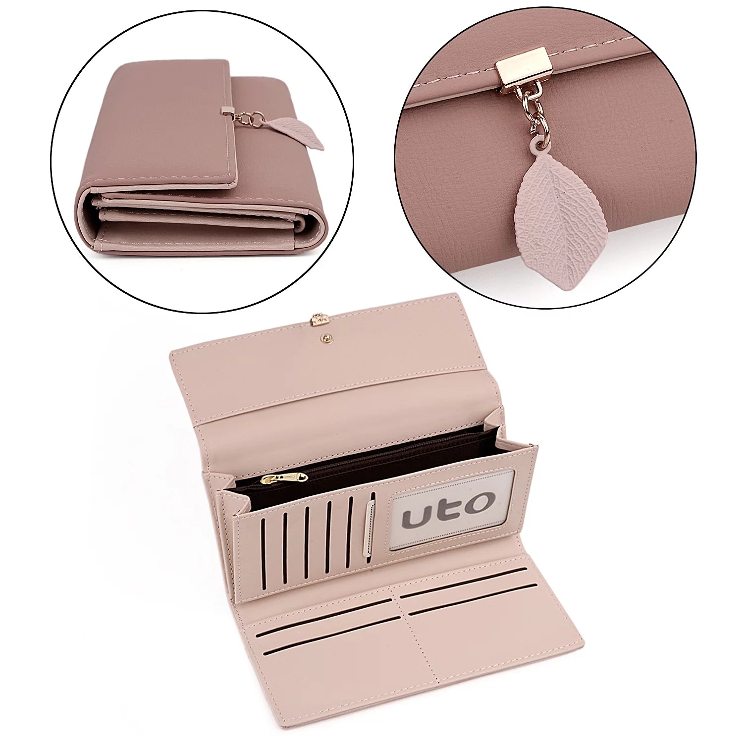 Womens Wallet PU Leather RFID Blocking Card Holder Elegant Zipper Coin Purse Leaf Pendant(Pale Mauve)