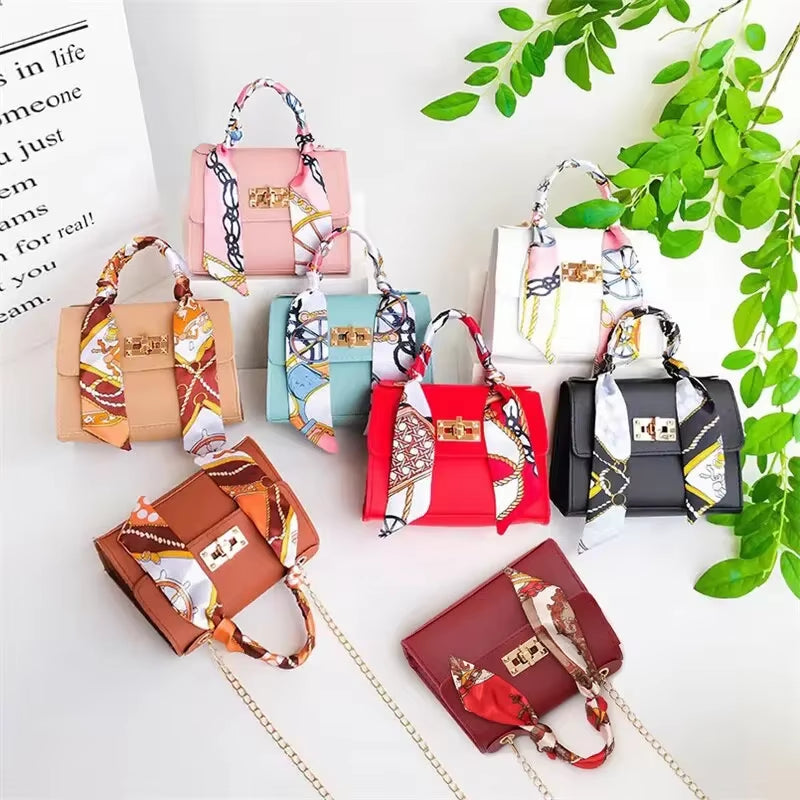 Women Girls Fashion Simplicity Solid Color Handbag Niche Design Silk Scarf Mini Chain Single Shoulder Crossbody Bag Bandolera