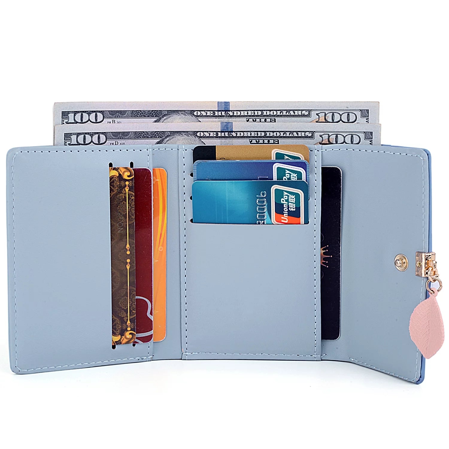 Small Wallet for Women PU Leather RFID Blocking Coin Purse Card Holder Trifold Ladies Purse Leaf Pendant(Blue)