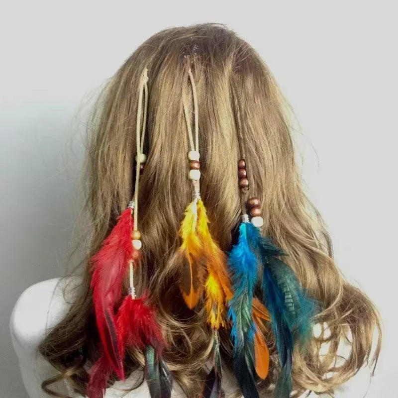 2024 New Fashionable Boho Feather Headband Wig Beaded Feather Headdress Handmade Hair Clip Girl Hair Accessories High Quality