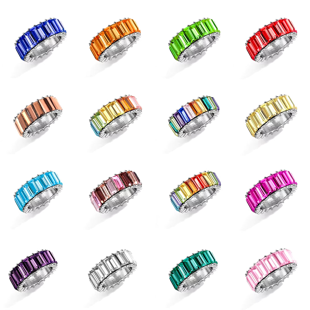 Boho Rainbow Crystal White Rings Women Fashion Brilliant Baguette Cubic Zirconia Color Stone Ring Female Wedding Party Jewelry